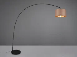 Große Bogenlampe MANSUR Metall Schwarz mit Stoff Lampenschirm Taupe, Höhe 210cm