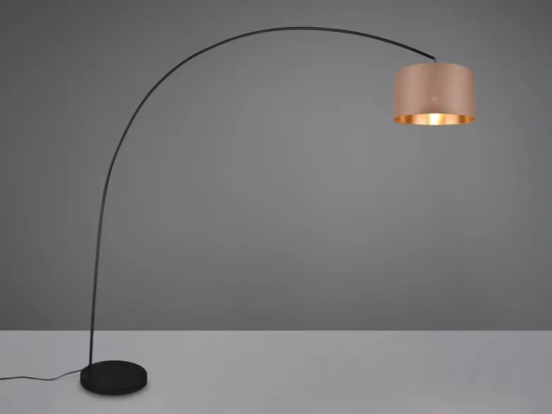 Große Bogenlampe MANSUR Metall Schwarz mit Stoff Lampenschirm Taupe, Höhe 210cm