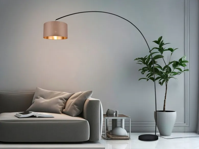 Große Bogenlampe MANSUR Metall Schwarz mit Stoff Lampenschirm Taupe, Höhe 210cm