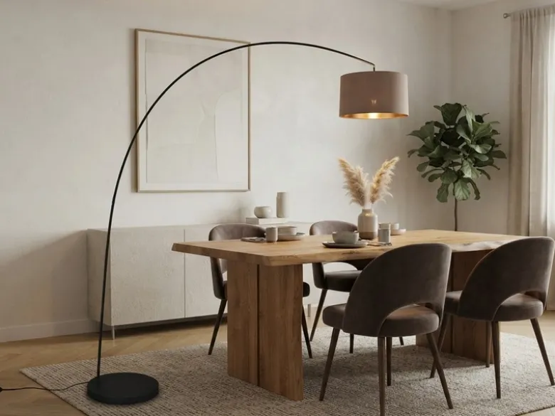 Große Bogenlampe MANSUR Metall Schwarz mit Stoff Lampenschirm Taupe, Höhe 210cm