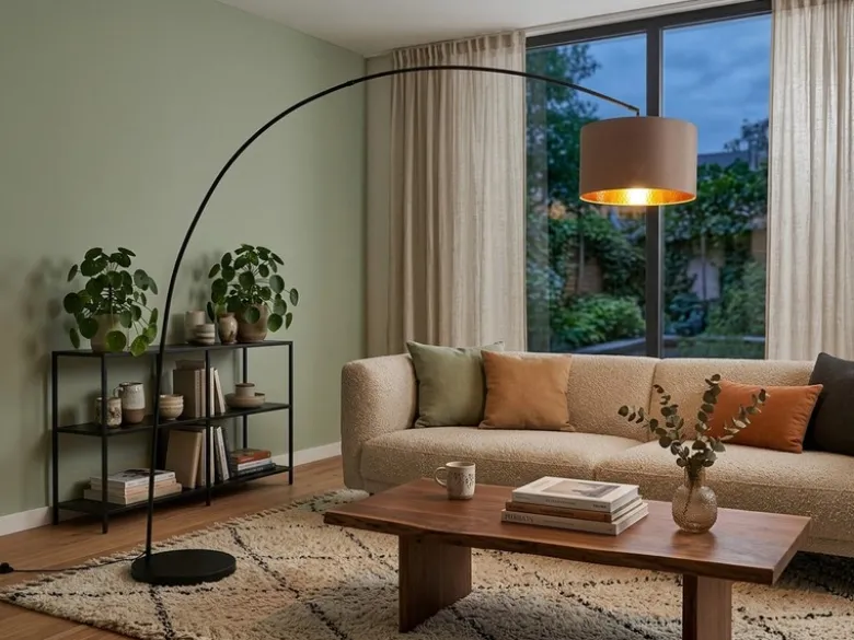 Große Bogenlampe MANSUR Metall Schwarz mit Stoff Lampenschirm Taupe, Höhe 210cm