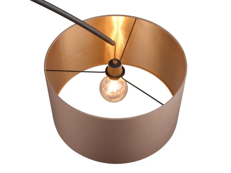 Große Bogenlampe MANSUR Metall Schwarz mit Stoff Lampenschirm Taupe, Höhe 210cm