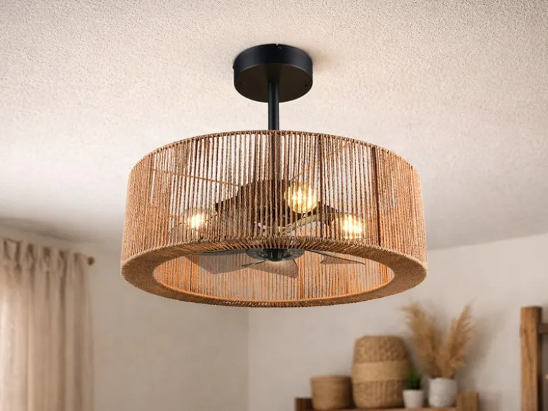 Große Boho LED Deckenleuchte Natur mit Ventilator & Fernbedienung Ø 61cm
