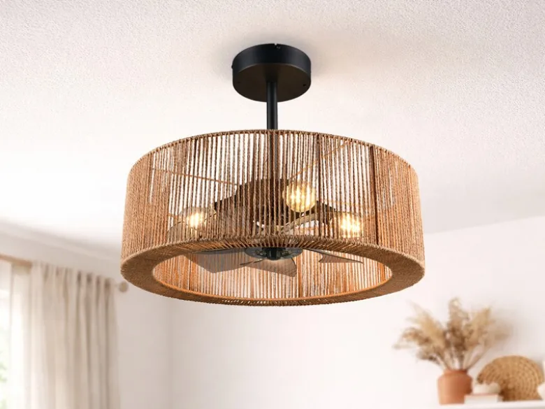 Große Boho LED Deckenleuchte Natur mit Ventilator & Fernbedienung Ø 61cm
