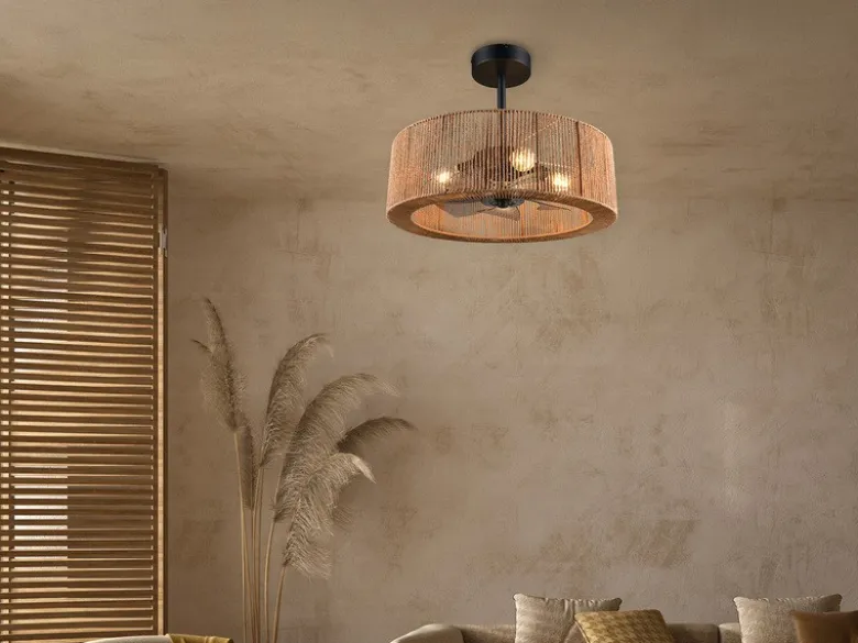 Große Boho LED Deckenleuchte Natur mit Ventilator & Fernbedienung Ø 61cm