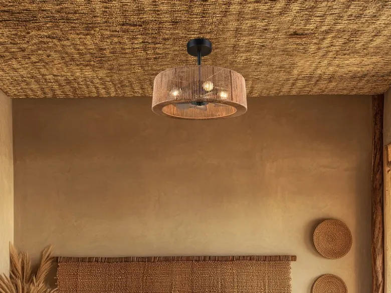 Große Boho LED Deckenleuchte Natur mit Ventilator & Fernbedienung Ø 61cm