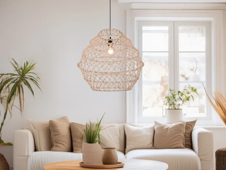 Große Boho Pendelleuchte HIVE mit Lampenschirm geflochten Hanfseil, Ø 60cm