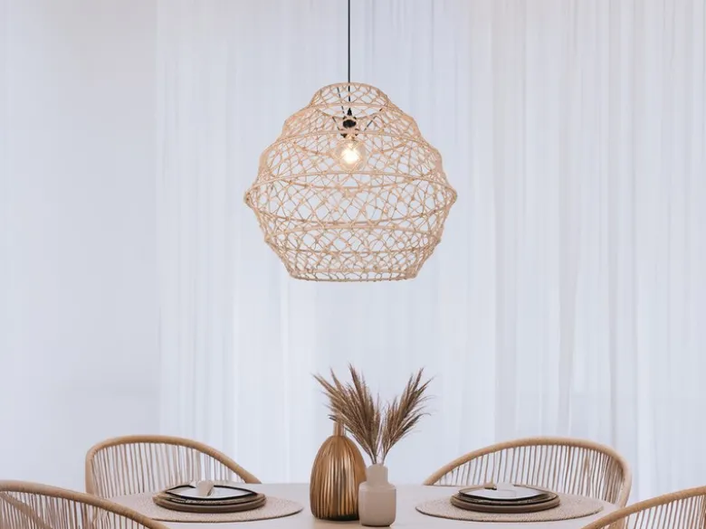 Große Boho Pendelleuchte HIVE mit Lampenschirm geflochten Hanfseil, Ø 60cm