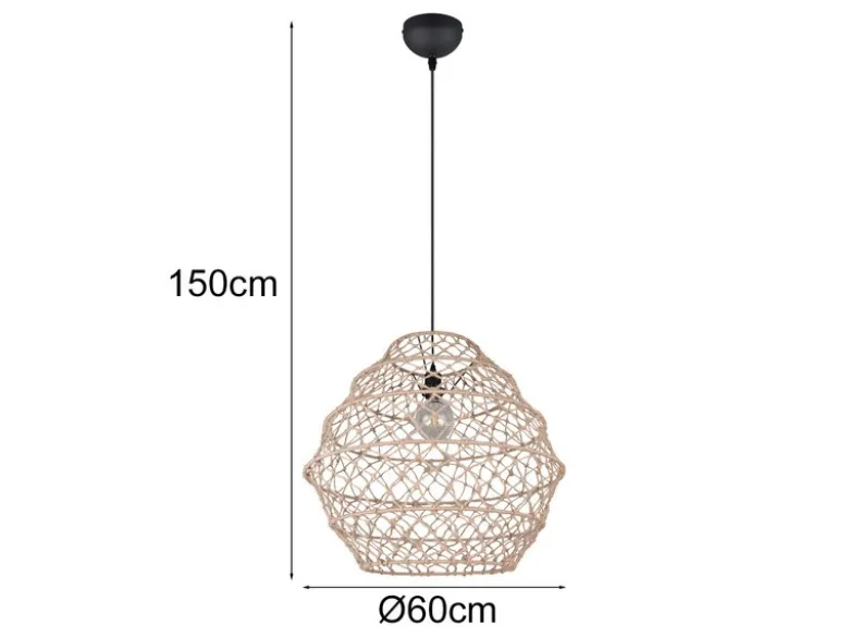 Große Boho Pendelleuchte HIVE mit Lampenschirm geflochten Hanfseil, Ø 60cm