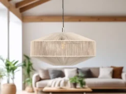 Große Boho Pendelleuchte SVEA Lampenschirm aus Baumwolle Beige, Ø 61cm