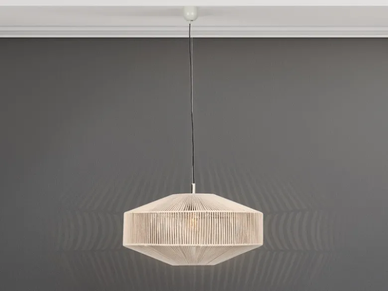 Große Boho Pendelleuchte SVEA Lampenschirm aus Baumwolle Beige, Ø 61cm