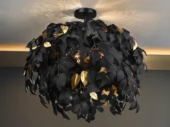 Große Deckenleuchte LEAVY mit Blätter Lampenschirm Schwarz Gold, Ø 70cm