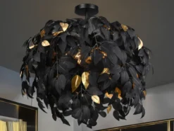 Große Deckenleuchte LEAVY mit Blätter Lampenschirm Schwarz Gold, Ø 70cm