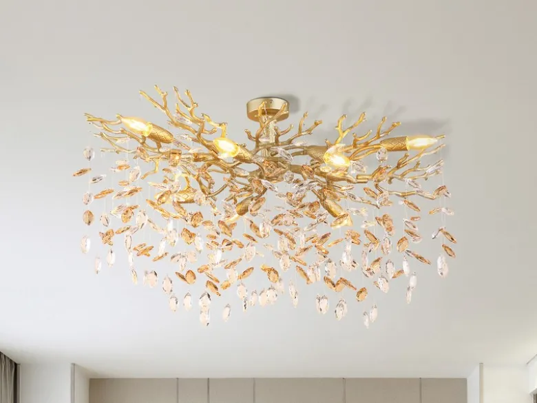 Große Deckenleuchte QUEENA Gold 7-flammig Glas Kristall 2-farbig, Breite 85cm