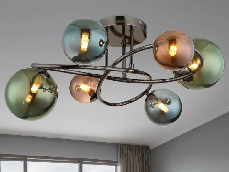 Große Deckenleuchte RIHA Anthrazit 6-flammig mit bunten Glaskugeln, Ø 65cm