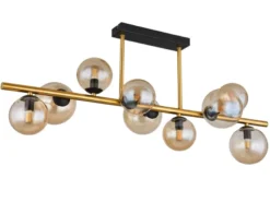 Große Deckenleuchte RIHA Messing-Schwarz 9-flammig Glaskugeln Bernstein, B: 87cm
