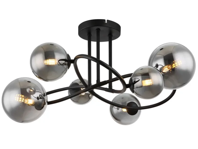 Große Deckenleuchte RIHA Schwarz 6-flammig mit Glaskugeln Rauchglas, Ø 65cm
