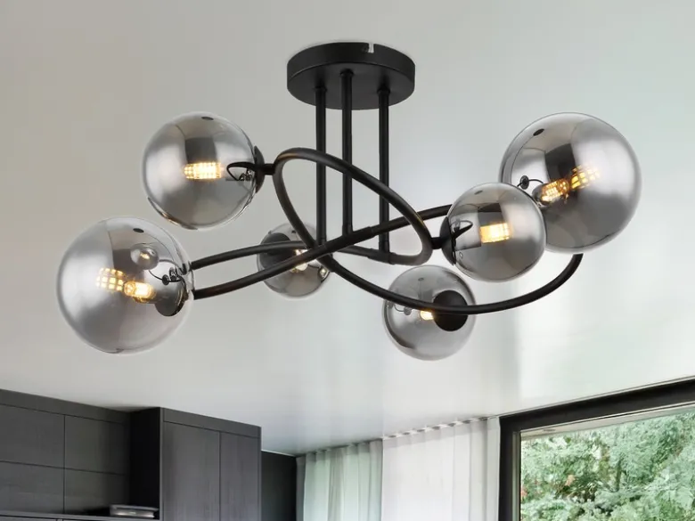 Große Deckenleuchte RIHA Schwarz 6-flammig mit Glaskugeln Rauchglas, Ø 65cm
