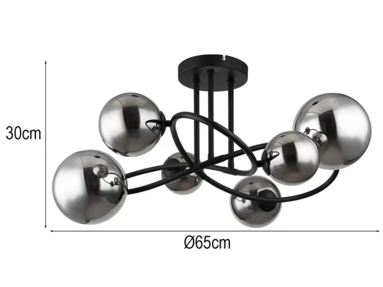 Große Deckenleuchte RIHA Schwarz 6-flammig mit Glaskugeln Rauchglas, Ø 65cm