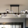 Große Deckenleuchte RIHA Schwarz 9-flammig mit Glaskugeln Rauchglas, B: 87cm