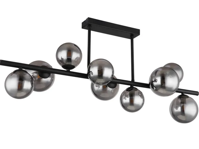 Große Deckenleuchte RIHA Schwarz 9-flammig mit Glaskugeln Rauchglas, B: 87cm