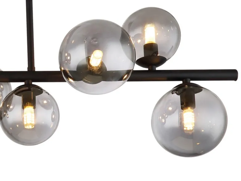 Große Deckenleuchte RIHA Schwarz 9-flammig mit Glaskugeln Rauchglas, B: 87cm