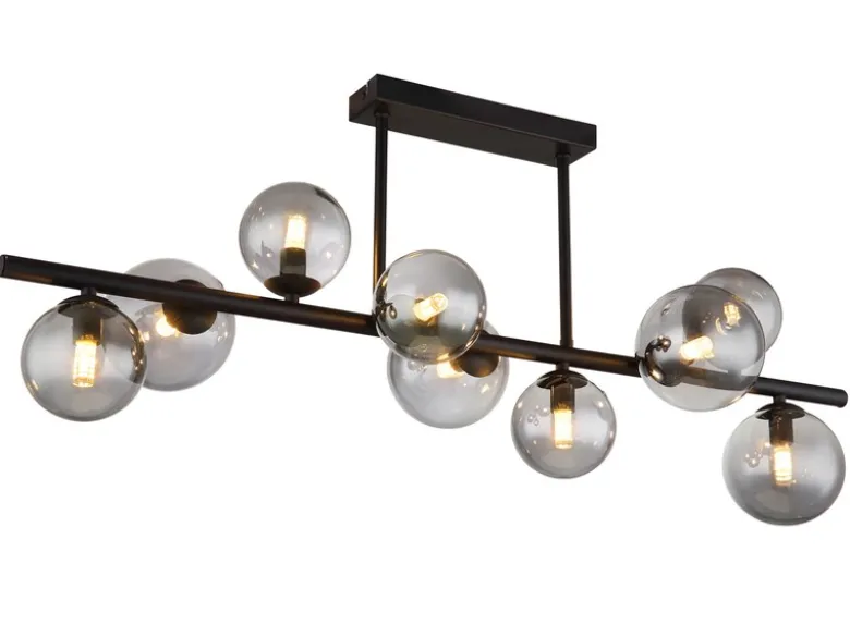Große Deckenleuchte RIHA Schwarz 9-flammig mit Glaskugeln Rauchglas, B: 87cm