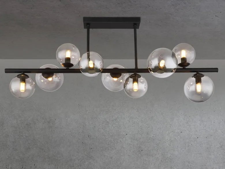 Große Deckenleuchte RIHA Schwarz 9-flammig mit Glaskugeln Rauchglas, B: 87cm