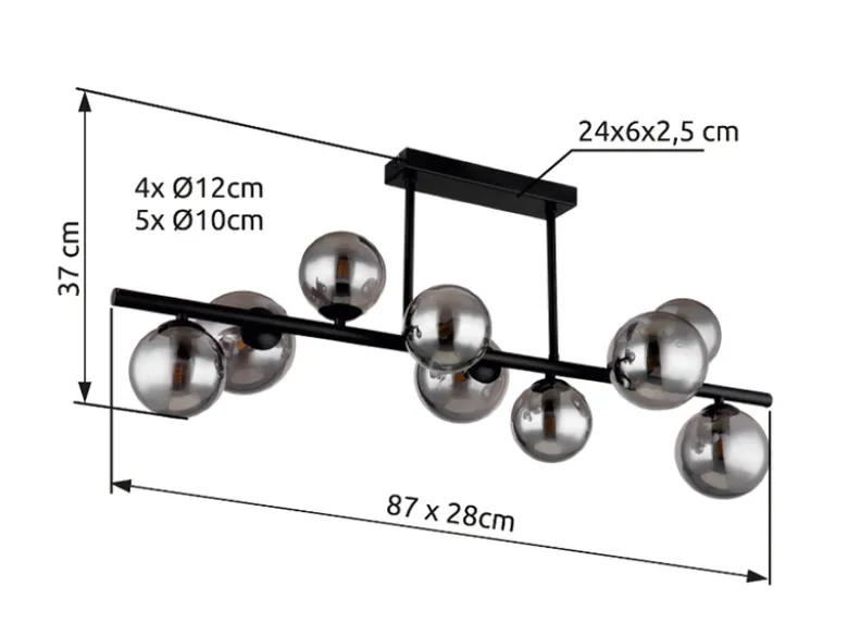 Große Deckenleuchte RIHA Schwarz 9-flammig mit Glaskugeln Rauchglas, B: 87cm