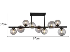 Große Deckenleuchte RIHA Schwarz 9-flammig mit Glaskugeln Rauchglas, B: 87cm