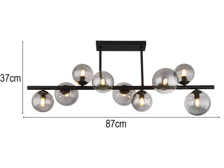 Große Deckenleuchte RIHA Schwarz 9-flammig mit Glaskugeln Rauchglas, B: 87cm