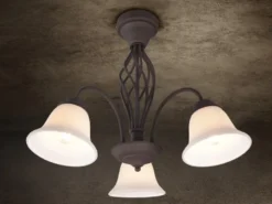 Große Deckenleuchte RUSTICA 3-flammig in Rostoptik mit Glasschirmen, Ø 55cm