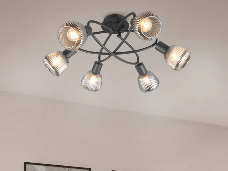 Große Deckenleuchte TARIFA 6-flammig mit Glasschirmen Chrom bedampft, Ø 59cm