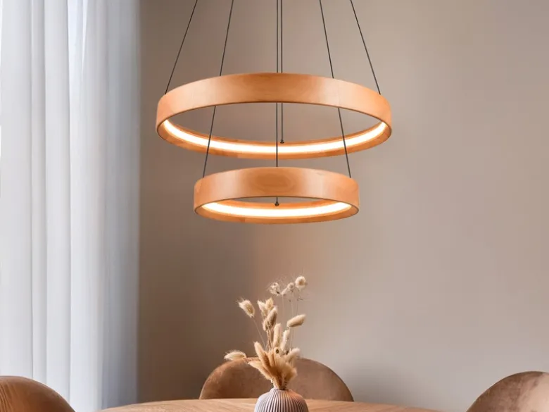 Große dimmbare LED Ring Pendelleuchte LYNWOOD mit Naturholz Ø 60cm