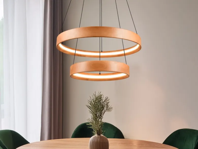 Große dimmbare LED Ring Pendelleuchte LYNWOOD mit Naturholz Ø 60cm
