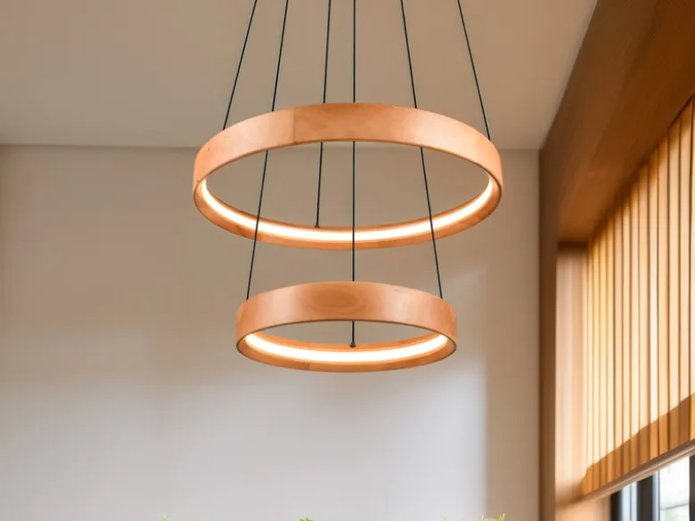 Große dimmbare LED Ring Pendelleuchte LYNWOOD mit Naturholz Ø 60cm