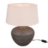 Große Keramik Tischleuchte LOU Braun mit Stoffschirm in Beige, Höhe 46cm