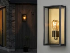 Große LED Außenwandlaterne Schwarz-Messing mit Klarglas, Höhe 40cm