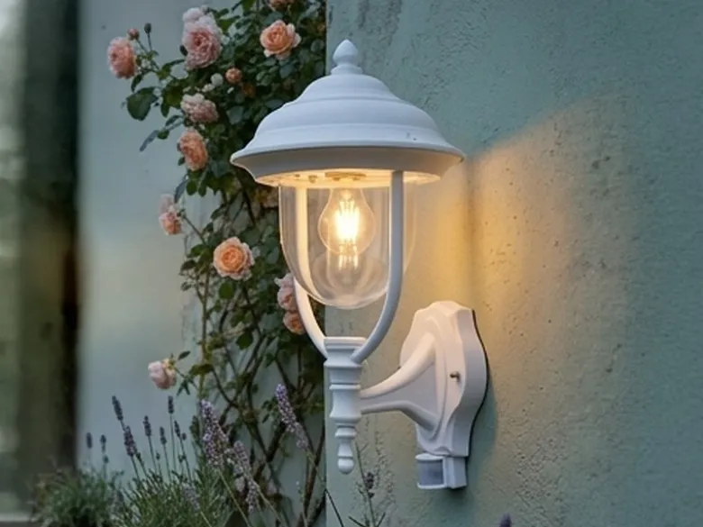 Große LED Außenwandleuchte im Landhausstil Weiß mit Bewegungsmelder, Höhe 48cm