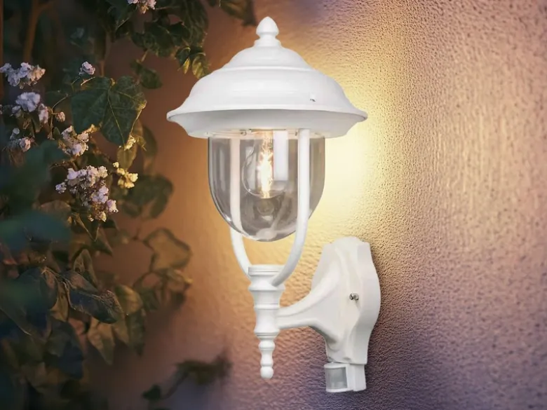Große LED Außenwandleuchte im Landhausstil Weiß mit Bewegungsmelder, Höhe 48cm