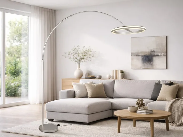 Große LED Bogenlampe AMADOR dimmbar aus Metall Silber, Höhe 205cm
