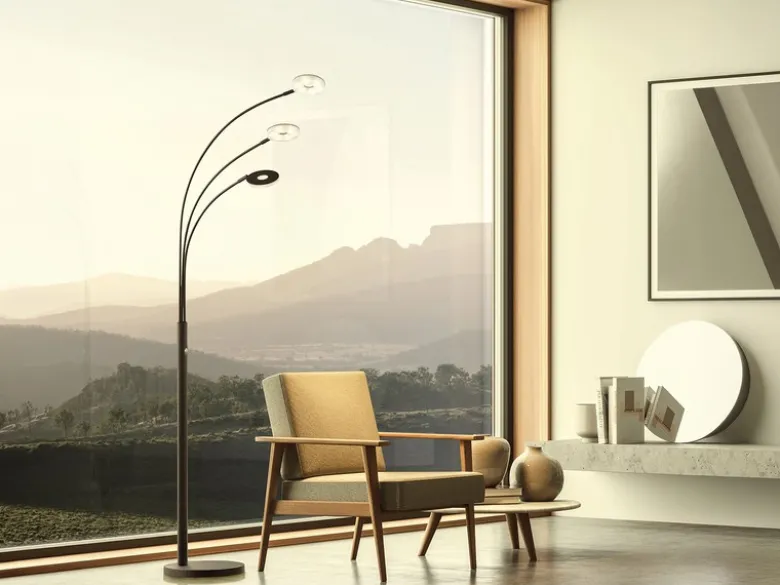 Große LED Bogenlampe DENT dimmbar Design Schwarz, Höhe 185cm