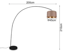 Große LED Bogenleuchte Metall Schwarz mit Stoff Lampenschirm Taupe, Höhe 210cm