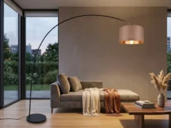 Große LED Bogenleuchte Metall Schwarz mit Stoff Lampenschirm Taupe, Höhe 210cm