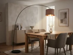 Große LED Bogenleuchte Metall Schwarz mit Stoff Lampenschirm Taupe, Höhe 210cm