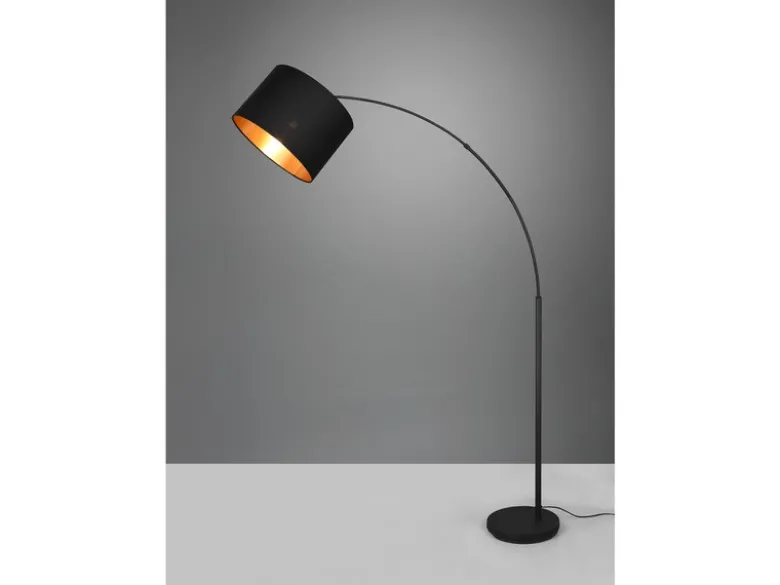 Große LED Bogenleuchte mit Stoffschirm Schwarz innen Gold - Höhe 171cm