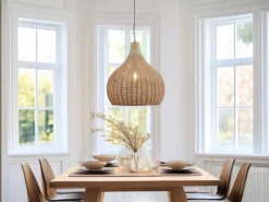 Große LED Boho Pendelleuchte 1-flammig mit Lampenschirm aus Jute, Ø 54cm