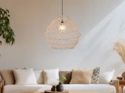 Große LED Boho Pendelleuchte mit Lampenschirm geflochten Hanfseil, Ø 60cm