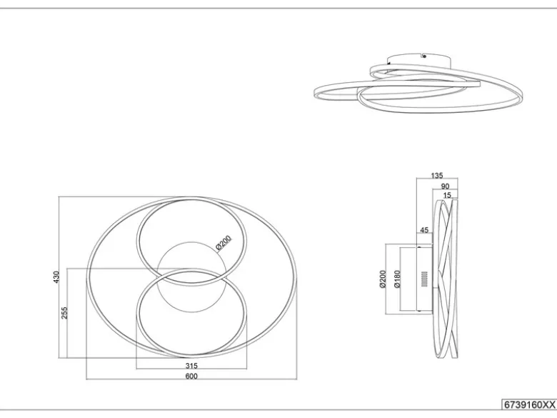 Große LED Deckenlampe GALE Schwarz, dimmbar über Schalter, Breite 60cm