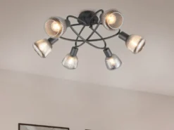 Große LED Deckenleuchte 6-flammig mit Glasschirmen Chrom bedampft, Ø 59cm